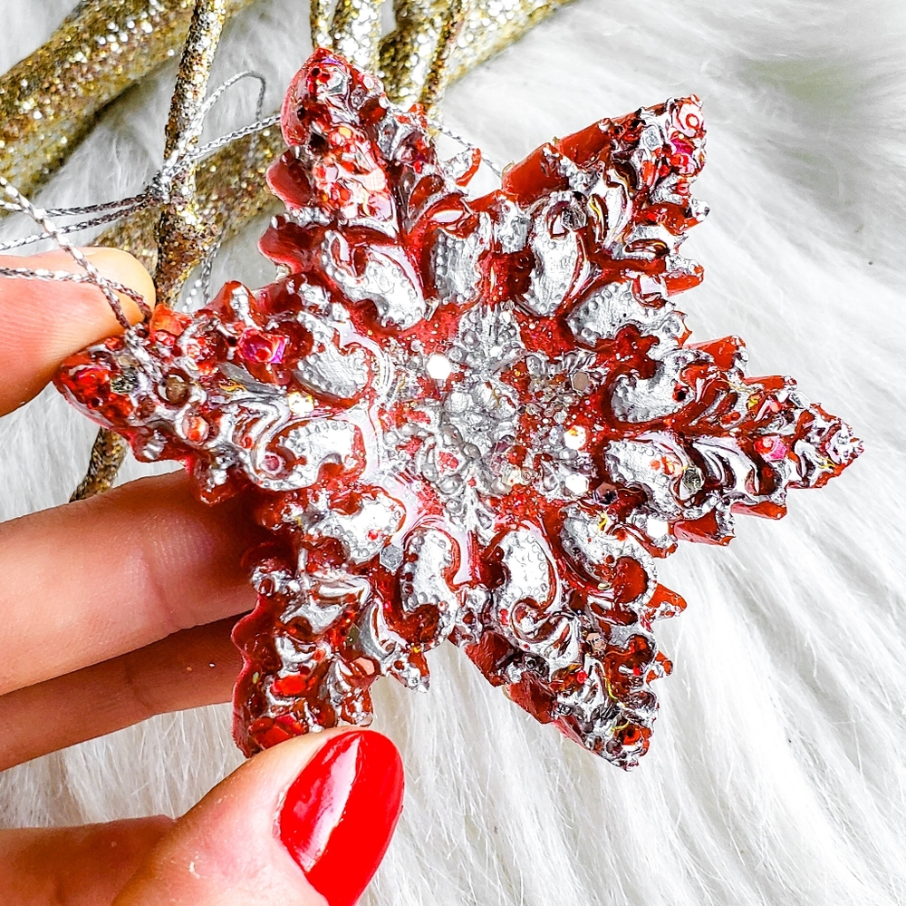 Handmade Christmas Tree Ornaments, Star, Snowflake, Red / Silver - Picture 2 of 11